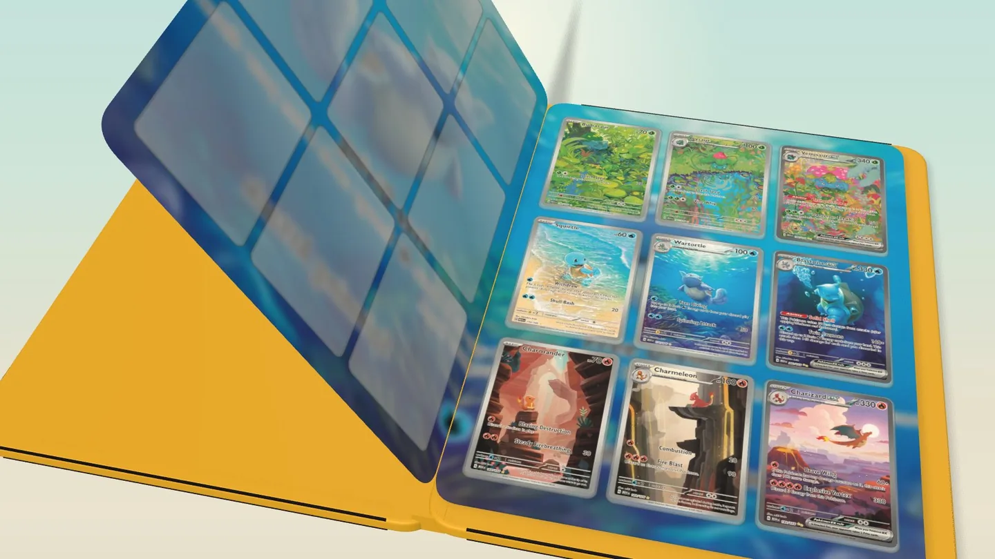 Interactive 3D binder mid-turn, open to a full page of Kanto starter cards