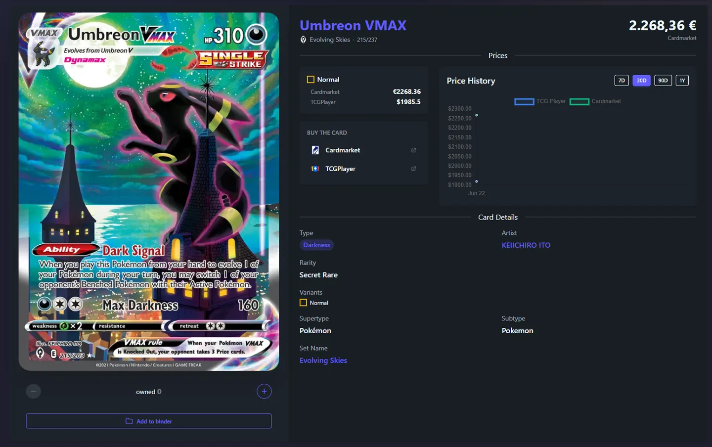 TCG Browser card detail page for Umbreon, showing prices and price history