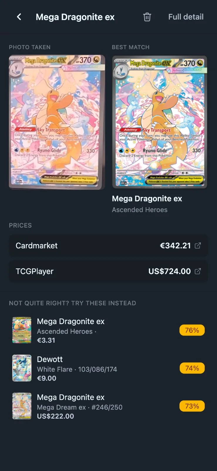 Match result comparing the photographed card to the best match, with Cardmarket and TCGplayer prices